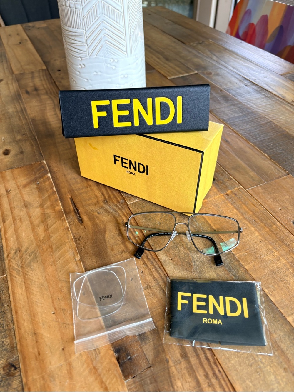 Fendi Men's Aviator Glasses with Black and Yellow Branded Case